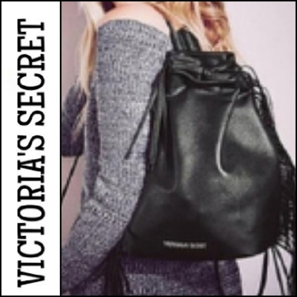 NEW! VICTORIA SECRET Black Vegan Leather Fringe Backpack Bag.